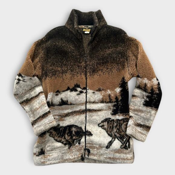 Vintage The Renegade Club Fleece Jacket Wolf Print Brown Zip Up Women’s Medium - Picture 1 of 14